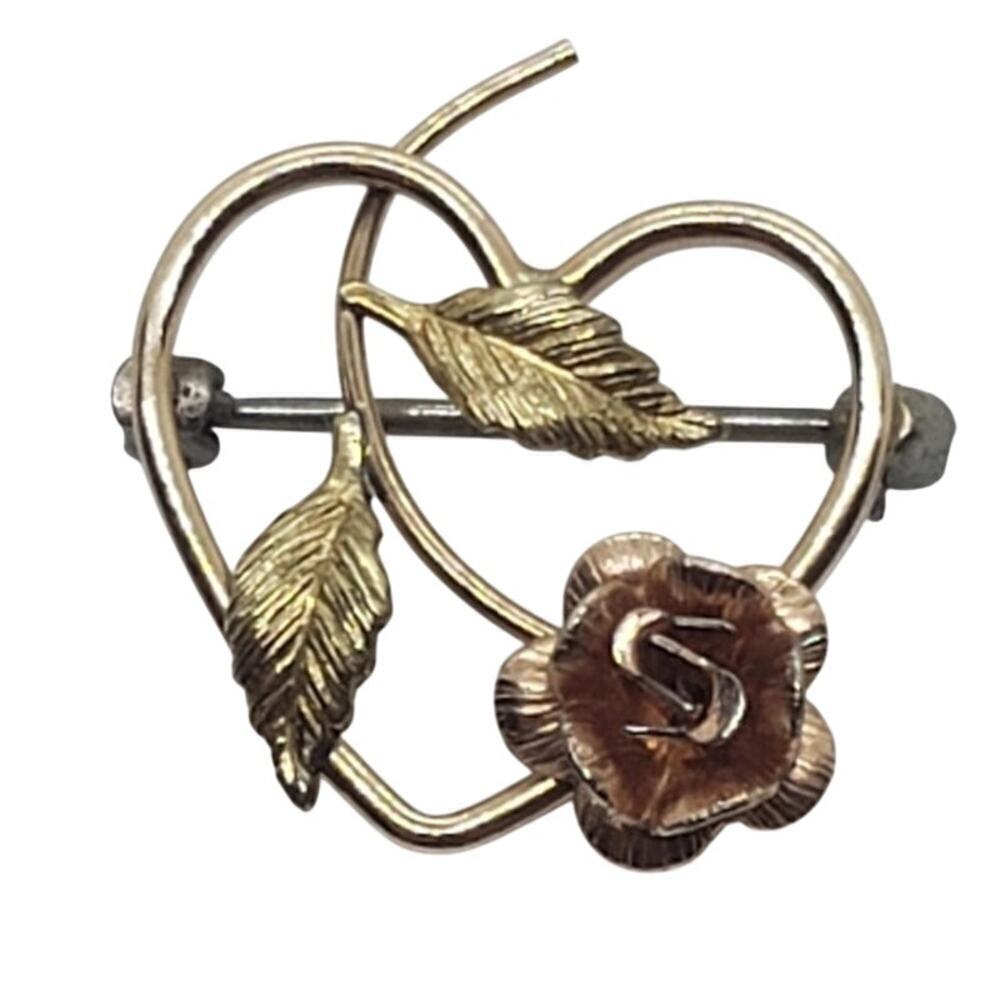 Vintage Krementz Rose Flower Brooch Gold Filled Heart Leaf Small USA Signed